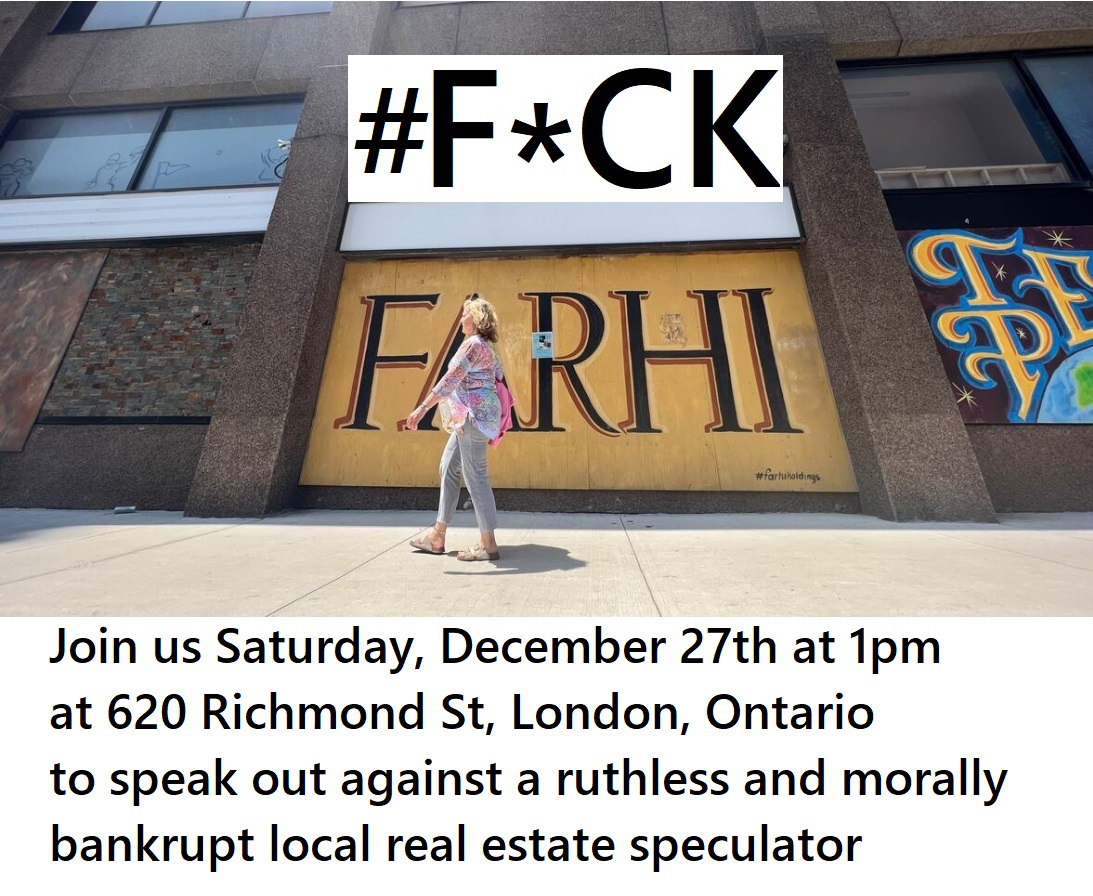 Fuck Farhi protest flyer - December 27th at 620 Richmond St